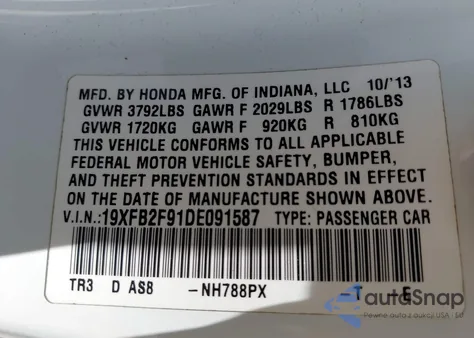 2013 Honda Civic Ex-L z USA, uszkodzony, nr VIN 19XFB2F91DE091587